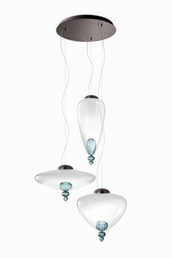 Padma suspension contemporaine 3 lumières en cristal vénitien blanc et bleu. Barovier&Toso. 