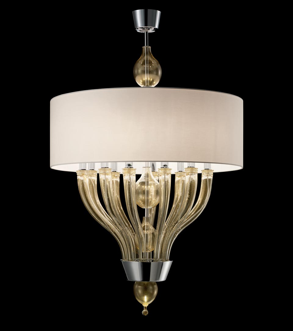 Pandora gold crystal pendant with white shade 10 lights . Barovier&Toso. 