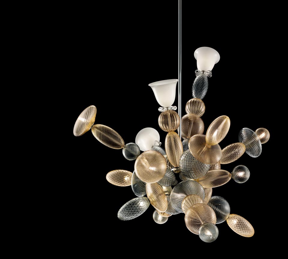 Perseus suspension contemporaine en cristal vénitien tons chauds 15 lumières. Barovier&Toso. 