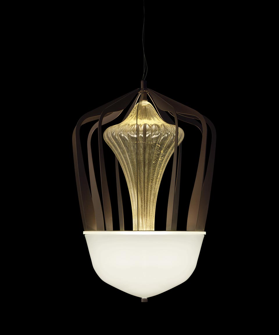 Robin suspension lanterne contemporaine dorée. Barovier&Toso. 