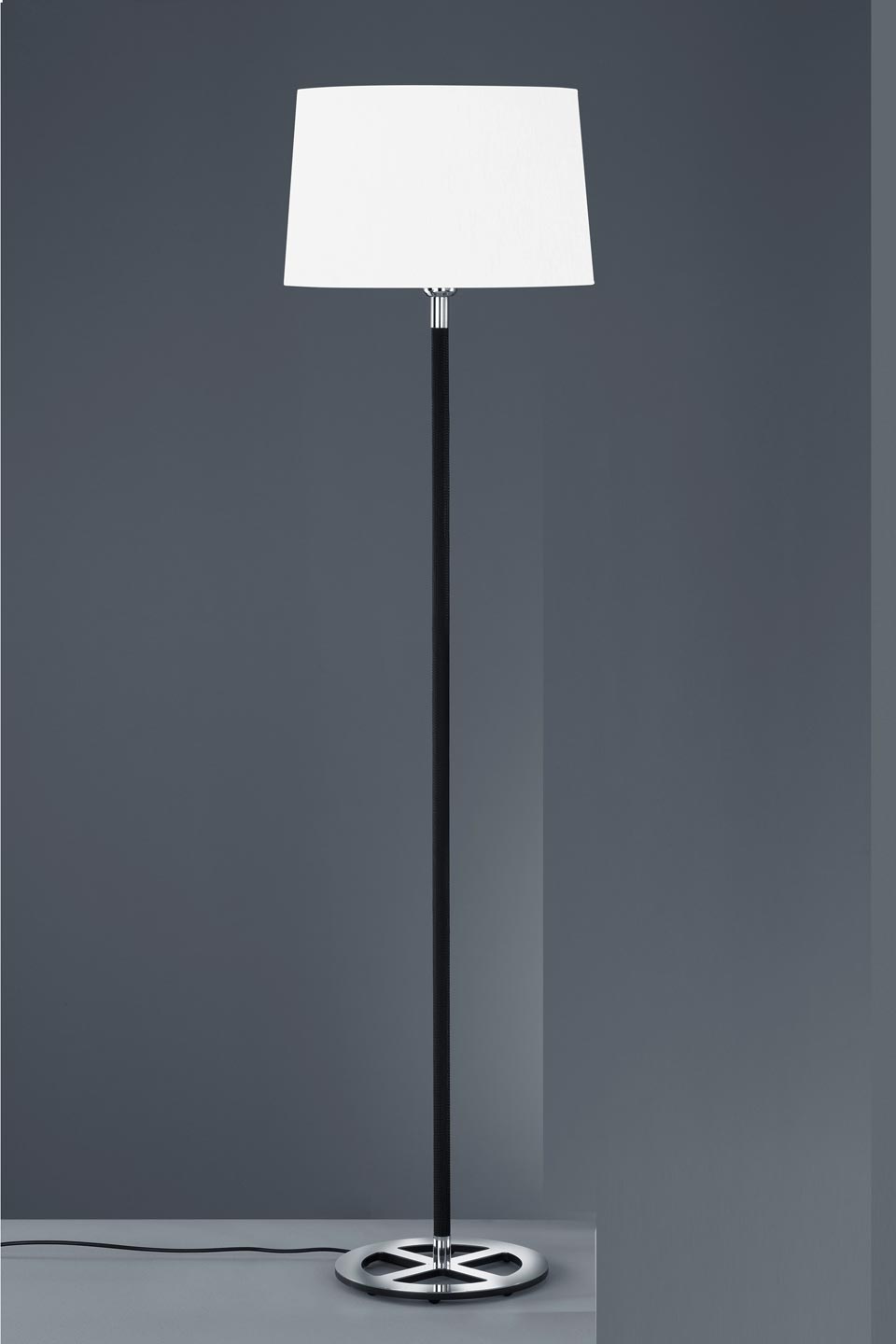 Black, white and chrome Floor lamp, textile foot. Baulmann Leuchten. 