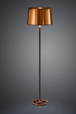 Black floor lamp with lampshade in cylindrical copper sheet. Baulmann Leuchten. 