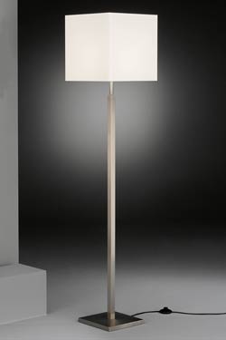 Square nickel plated floor lamp with white chintz lampshade. Baulmann Leuchten. 