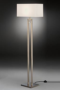 Floor lamp with matt nickel LED reading light and white chintz lampshade. Baulmann Leuchten. 