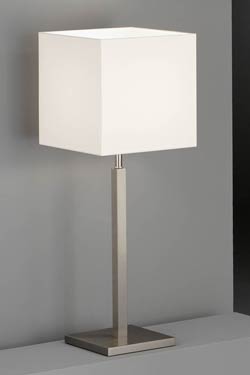 Matt nickel metal square lamp with white chintz lampshade. Baulmann Leuchten. 