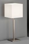 Matt nickel metal square lamp with white chintz lampshade. Baulmann Leuchten. 