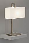 Matte nickel table lamp with white chintz lampshade. Baulmann Leuchten. 