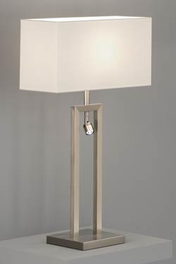 Table lamp with matt nickel LED reading light and white chintz shade. Baulmann Leuchten. 