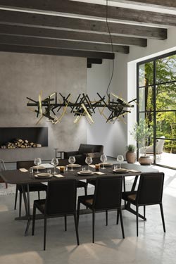 Linea black and gold long chandelier 6 lights. Brand Von Egmond. 