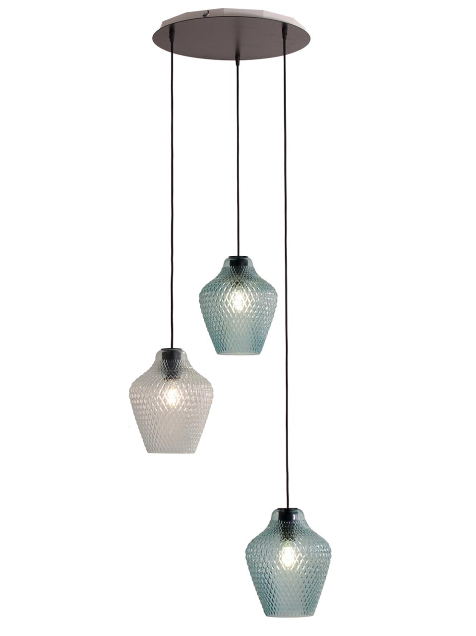 Api suspension trois lumières en verre turquoise et transparent. Concept Verre. 