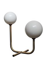 Golden art-deco table lamp, two white spheres. Concept Verre. 