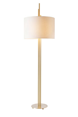 Upper design floor lamp, gilded, in satin brass tube, white lampshade. CVL Luminaires. 