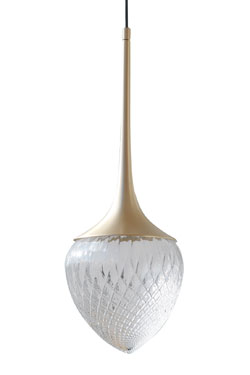 Louis XL pendant lamp in satin brass, clear glass with scale pattern, conical shape. CVL Luminaires. 