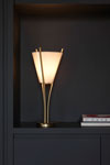 Curves design lamp, golden, thin brass rods, aerial, conical lampshade. CVL Luminaires. 