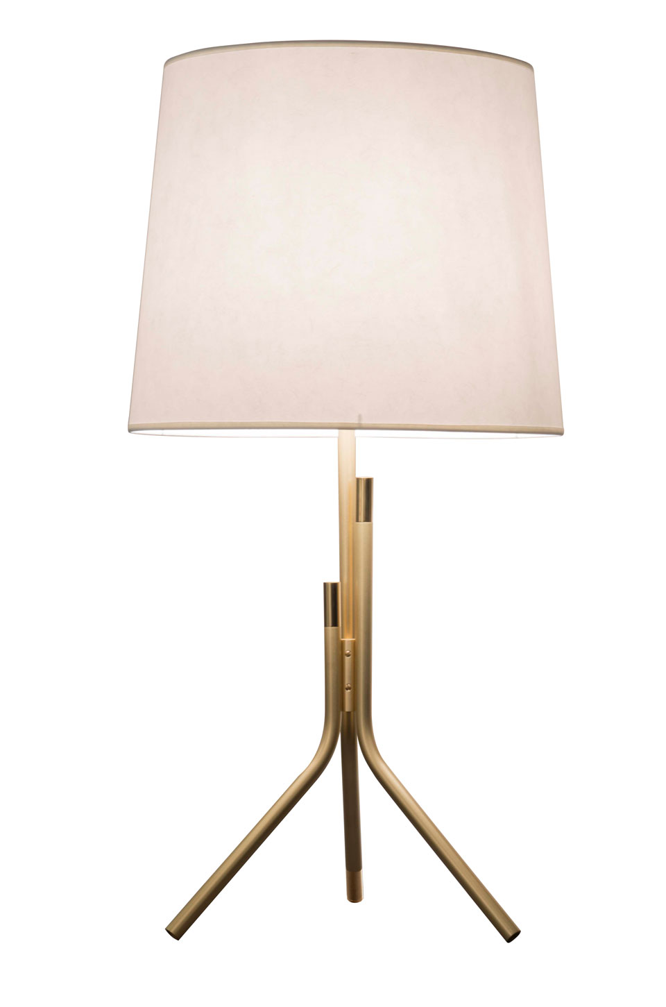 Ellis design table lamp, matte gold and bright white big lampshade. CVL Luminaires. 