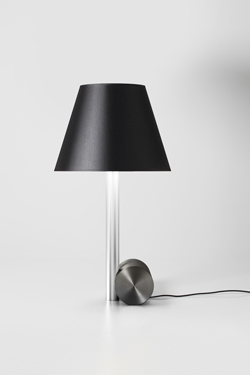 Small satin nickel table lamp with black lampshade. CVL Luminaires. 