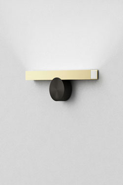 Calée wall lamp, horizontal, minimalist design, graphite button and golden ruler. CVL Luminaires. 