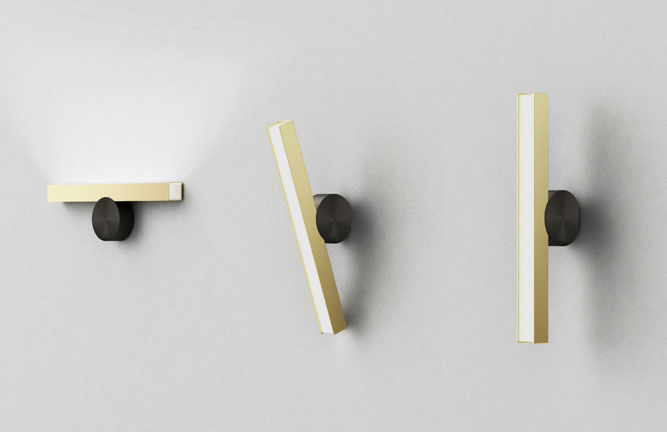Calée wall lamp, horizontal, minimalist design, graphite button and golden ruler. CVL Luminaires. 