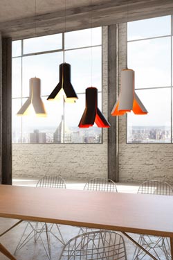 Boky, small black pendant lamp, white interior. Dark. 