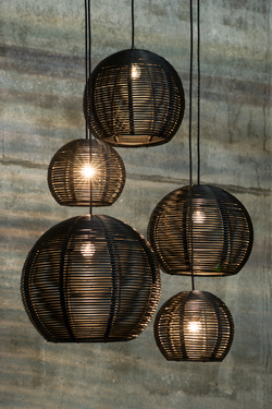 Black rattan ball pendant light 30cm. Dark. 