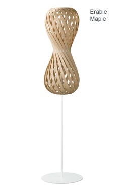 Swing floor lamp shaped hourglass rounded slats of walnut wood. Dreizehngrad 13°. 