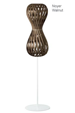 Swing floor lamp shaped hourglass rounded slats of walnut wood. Dreizehngrad 13°. 