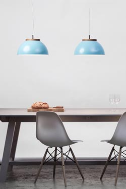 Dub pendant light turquoise blue in aluminummat and solid oak. Dreizehngrad 13°. 