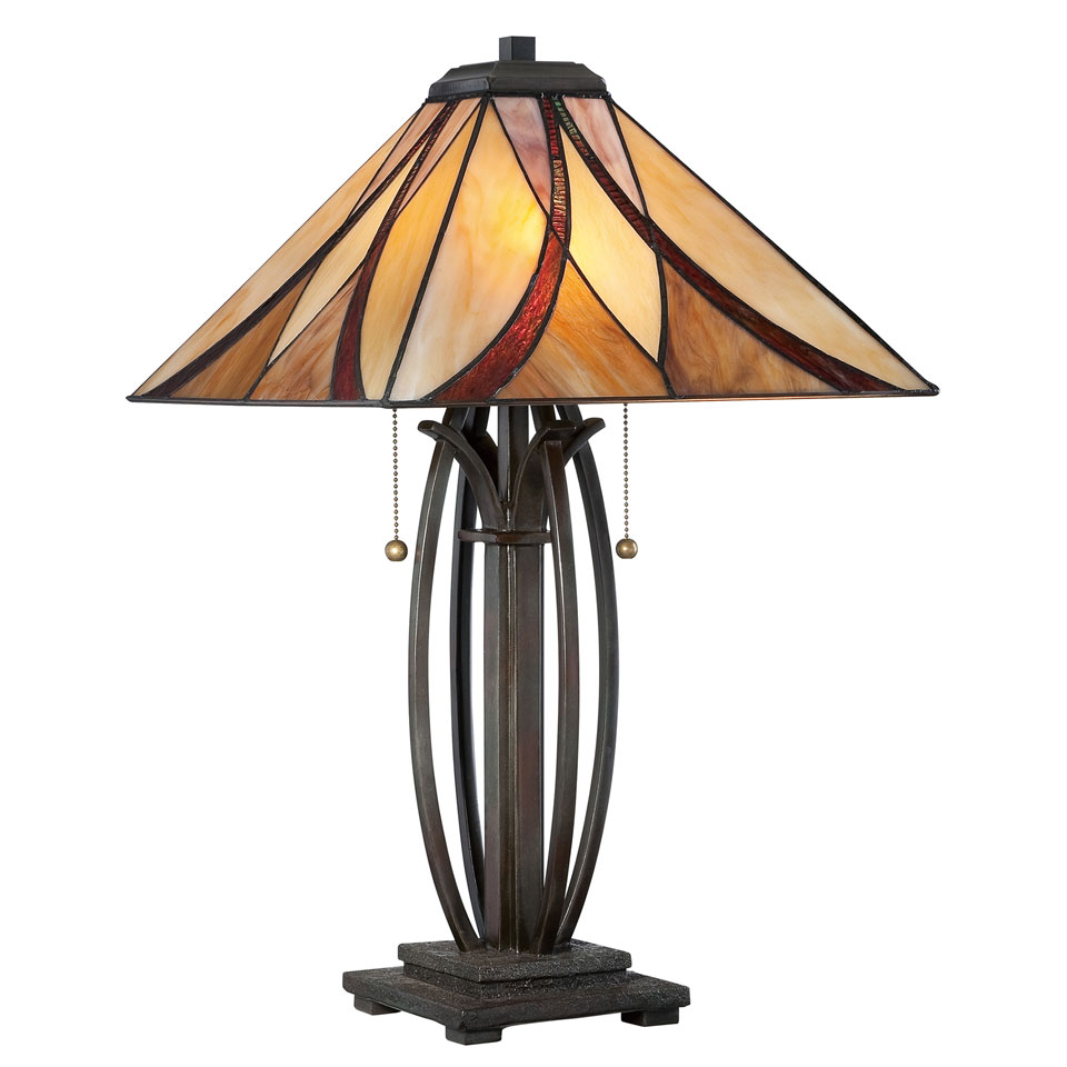 Lampe de table Art Nouveau Tiffany ambrée Asheville. Elstead Lighting. 