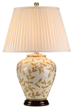 Lampe de table en porcelaine motif feuillage doré. Elstead Lighting. 