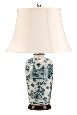 Lampe de table bleue en porcelaine forme amphore. Elstead Lighting. 