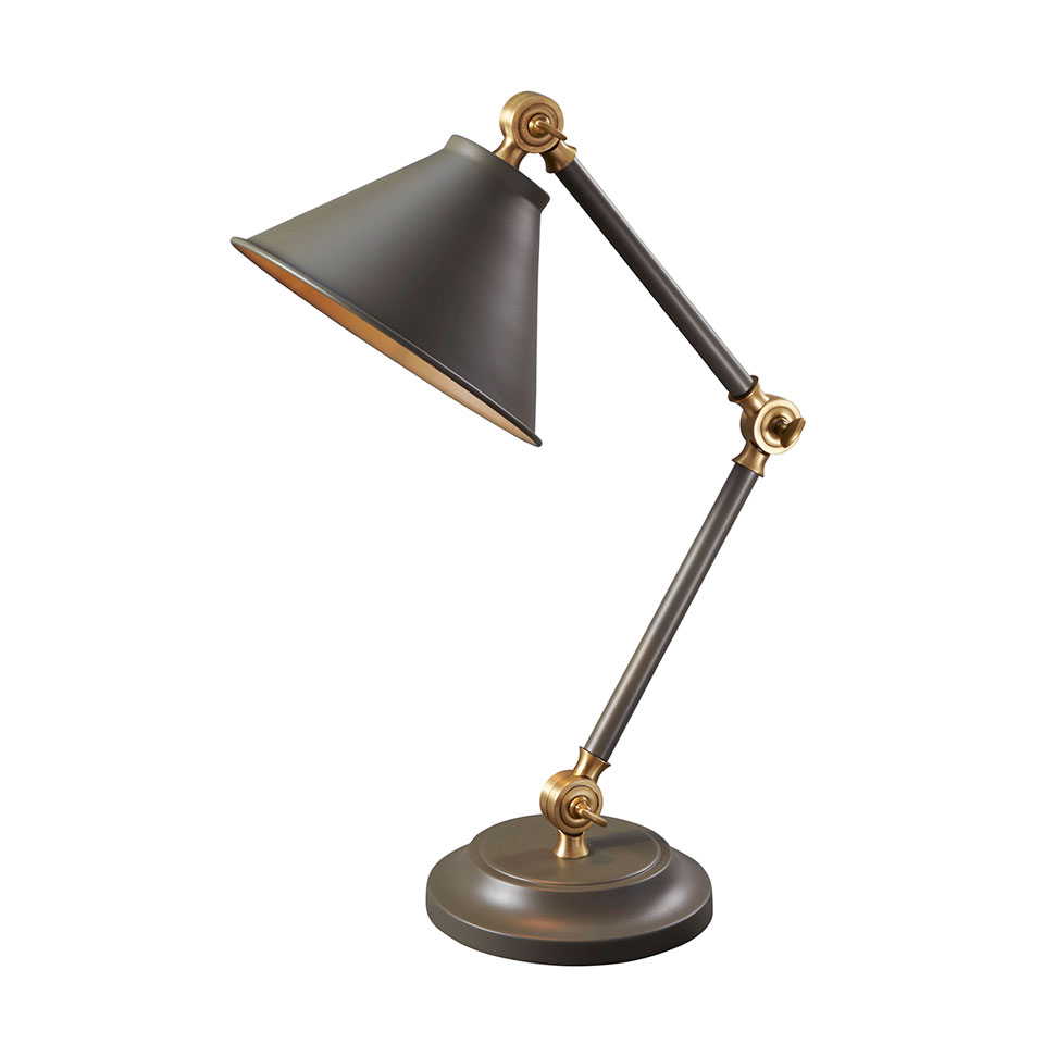 Petite lampe de bureau ou chevet en métal gris et laiton vieilli. Elstead Lighting. 