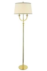Lampadaire en bronze poli et abat-jour à galons Regency. Estro. Lampadaire en bronze poli et abat-jour à galons Regency. Estro.