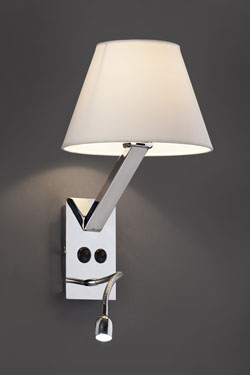 Moma 2 chrome and white fabric designer wall light with reading light. Faro. 