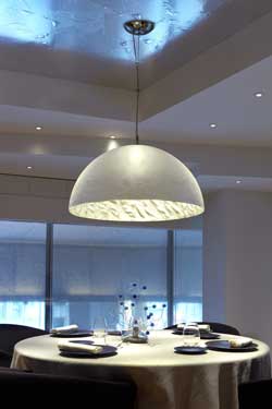 Magma P large white fibreglass pendant with silver-finish interior. Faro. 