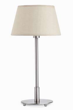 Mitic brushed stainless steel designer table lamp with ecru fabric shade . Faro. 