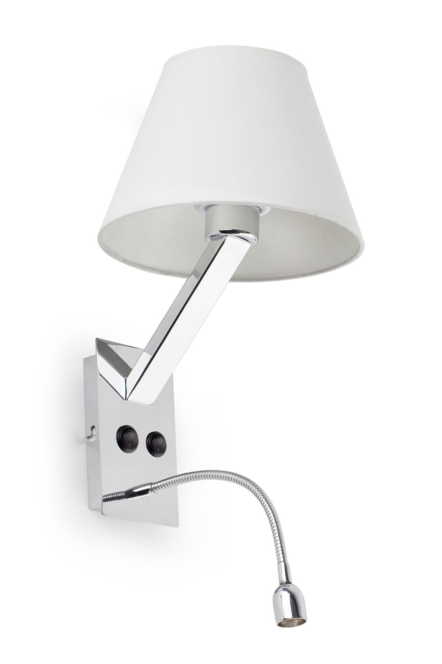 Moma 2 chrome and white fabric designer wall light with reading light. Faro. 