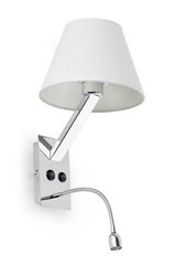 Moma 2 chrome and white fabric designer wall light with reading light. Faro. Moma 2 chrome and white fabric designer wall light with reading light. Faro.