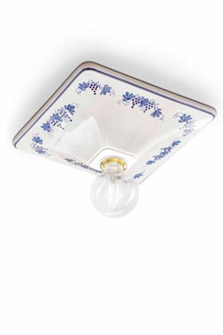 Square white ceramic ceiling lamp with blue vine pattern. Ferroluce Classic. 