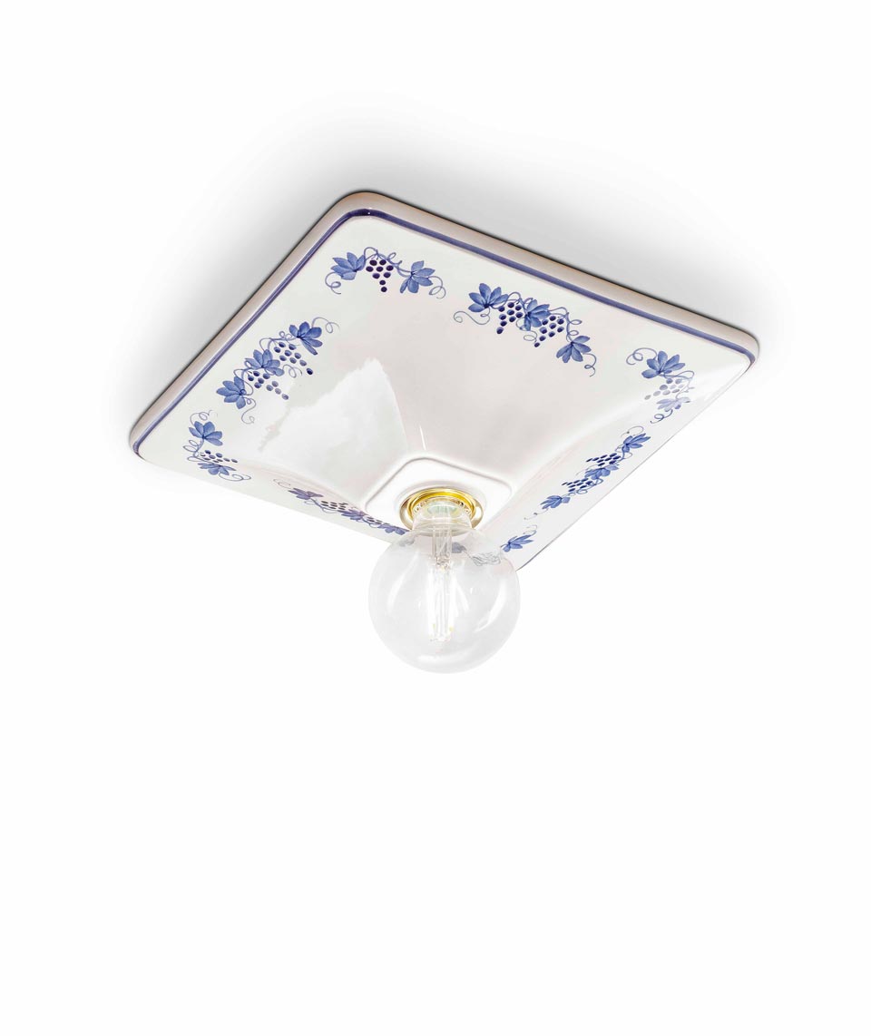 Square white ceramic ceiling lamp with blue vine pattern. Ferroluce Classic. 