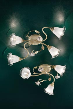 Siena ceramic floral ceiling light glass and brass 3 lights. Ferroluce Classic. 