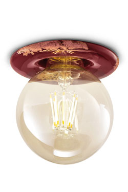 Vintage raspberry red ceiling light with retro LED bulb. Ferroluce. 