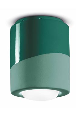 Minimalist ceiling light in matte and shiny green ceramic. Ferroluce. 