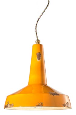 Vintage yellow C1417 workshop pendant light. Ferroluce. 