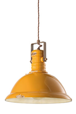 Yellow industrial pendant light in aged ceramic. Ferroluce. 