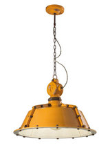 Yellow industrial-style hanging lamp rusted metal and chipped ceramic. Ferroluce. 