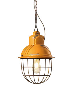 Yellow industrial style pendant made of ceramic and rusted metal.. Ferroluce. 