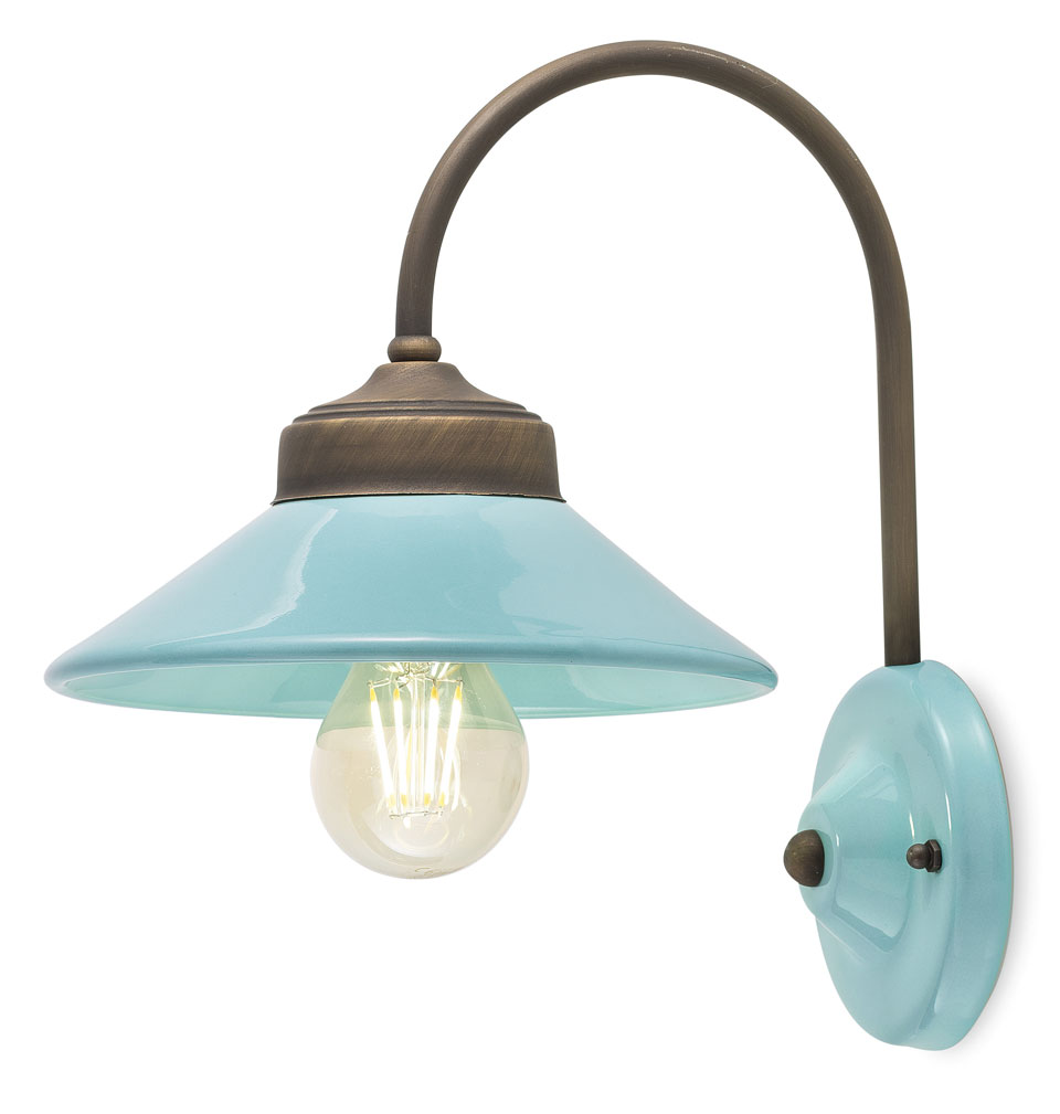 Turquoise ceramic and aged brass wall light. Ferroluce. 