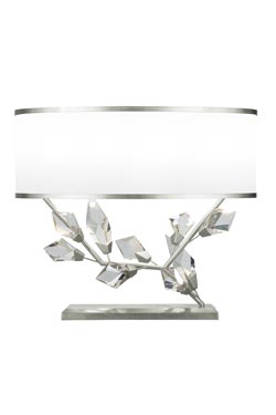 Table lamp with white shade and silver finish base, facing right. Fine Art Lamps. 