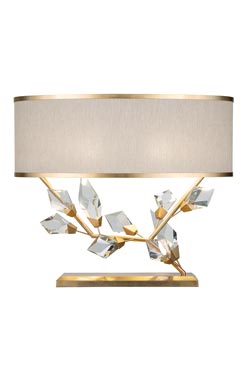 Table lamp with white shade and silver finish base, facing right. Fine Art Lamps. 