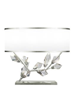 Table lamp with white shade and silver finish base, facing right. Fine Art Lamps. 